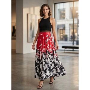Aqua Dresses Black Red Floral Mesh Waist Maxi Gown Sleeveless Formal Dress 4